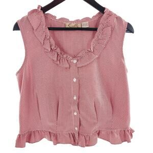 Scully Women’s Sleeveless Blouse Checkered Western Ruffle Top Red White Large